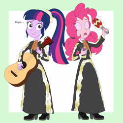 Size: 3272x3273 | Tagged: safe, artist:bageloftime, imported from derpibooru, pinkie pie, sci-twi, twilight sparkle, human, equestria girls, clothes, dress, duo, female, guitar, hypno eyes, hypnosis, hypnotized, long dress, long skirt, maracas, mariachi, musical instrument, nervous sweat, oops, skirt, sweat, sweatdrops, swirly eyes