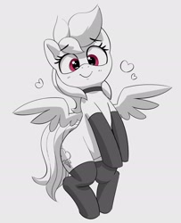 Size: 1821x2245 | Tagged: safe, artist:pabbley, imported from derpibooru, rainbow dash, pegasus, pony, black and white, blushing, choker, clothes, cute, dashabetes, eyebrows, eyebrows visible through hair, female, floating heart, grayscale, heart, looking at you, mare, monochrome, neo noir, partial color, simple background, smiling, smiling at you, solo, spread wings, stockings, thigh highs, white background, wings