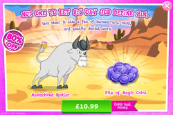 Size: 1956x1296 | Tagged: safe, idw, imported from derpibooru, angus mcsteer, bull, advertisement, bowler hat, cloven hooves, costs real money, english, gameloft, hat, horns, idw showified, magic coins, male, mobile game, my little pony: magic princess, numbers, official, sale, solo, text