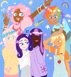 Size: 2034x2224 | Tagged: safe, artist:kirisakicatsune, imported from derpibooru, applejack, fluttershy, pinkie pie, rainbow dash, rarity, twilight sparkle, human, alternate hairstyle, applejack's hat, blackwashing, bracelet, clothes, cowboy hat, dark skin, denim, eyes closed, female, floral head wreath, flower, freckles, grin, hat, humanized, jeans, jewelry, mane six, nail polish, one eye closed, open mouth, overalls, pants, shirt, skirt, smiling, sweater, sweatershy, t-shirt, wink