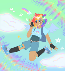 Size: 2034x2224 | Tagged: safe, artist:kirisakicatsune, imported from derpibooru, rainbow dash, human, bandaid, belt, clothes, female, fingerless gloves, gloves, grin, humanized, shirt, shoes, shorts, smiling, sneakers, socks, solo, t-shirt, vest, winged humanization, wings