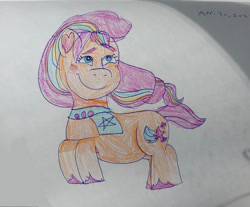 Size: 983x813 | Tagged: safe, artist:starrscout-23, imported from derpibooru, sunny starscout, earth pony, pony, bag, g5, heart ears, mane stripe sunny, smiling, solo, traditional art