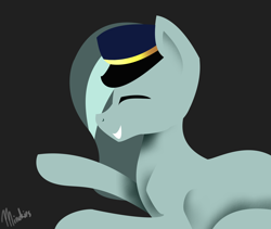 Size: 2100x1776 | Tagged: safe, artist:minckies, imported from derpibooru, marble pie, earth pony, pony, dark background, eyes closed, female, grin, hat, mare, signature, smiling, solo