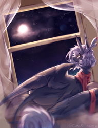 Size: 2138x2805 | Tagged: safe, artist:prettyshinegp, imported from derpibooru, oc, oc only, pegasus, pony, clothes, female, full moon, indoors, looking up, mare, moon, night, pegasus oc, scarf, solo, stars