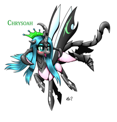 Size: 1853x1922 | Tagged: safe, artist:questionmarkdragon, imported from derpibooru, oc, oc only, changeling, changeling queen, changepony, hybrid, bio in description, blushing, changeling queen oc, eyelashes, horns, interspecies offspring, magical lesbian spawn, makeup, offspring, parent:fluttershy, parent:queen chrysalis, parents:chrysashy, signature, simple background, solo, white background