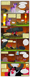 Size: 612x1552 | Tagged: safe, artist:newbiespud, edit, edited screencap, imported from derpibooru, screencap, applejack, lord tirek, rainbow dash, twilight sparkle, alicorn, earth pony, pegasus, pony, comic:friendship is dragons, twilight's kingdom, angry, comic, dialogue, female, fire, flying, horns, male, mare, nose piercing, nose ring, onomatopoeia, piercing, screencap comic, twilight sparkle (alicorn)