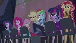 Size: 1280x720 | Tagged: safe, imported from twibooru, screencap, applejack, fluttershy, pinkie pie, rainbow dash, rarity, sci-twi, sunset shimmer, twilight sparkle, cheer you on, equestria girls, equestria girls series, spoiler:eqg series (season 2), belt, boots, bowtie, bracelet, chair, clothes, cowboy boots, cowboy hat, cutie mark, cutie mark on clothes, denim skirt, determined smile, fluttershy boho dress, frilly design, geode of empathy, geode of fauna, geode of shielding, geode of sugar bombs, geode of super speed, geode of super strength, geode of telekinesis, glasses, gold, hairband, hairpin, hat, hoodie, humane five, humane seven, humane six, image, jewelry, laced sandals, leather vest, magical geodes, necklace, pants, pantyhose, pencil skirt, png, polo shirt, rah rah skirt, rarity peplum dress, shirt, shoes, shoulderless shirt, skirt, sleeveless, sleeveless tank top, sneakers, spikes, standing up, stetson, sweatpants, t-shirt, tanktop