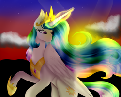 Size: 2738x2190 | Tagged: safe, artist:angellightyt, artist:minelvi, imported from derpibooru, princess celestia, alicorn, pony, cloud, eyelashes, female, hoof shoes, looking back, mare, outdoors, peytral, raised hoof, solo