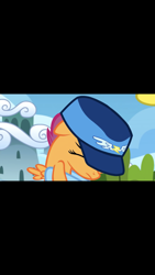 Size: 1242x2208 | Tagged: safe, imported from derpibooru, screencap, rainbow dash, scootaloo, spitfire, the washouts (episode), "here. have a hat.", bush, cloud, embarrassed, eyes closed, female, filly, foal, hat, here have a hat, hooves, out of context, sky, wonderbolts hat, wonderbolts merchandise