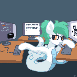 Size: 400x400 | Tagged: safe, artist:vohd, imported from derpibooru, oc, oc only, oc:biru, lamia, original species, pony, snake, snake pony, animated, bat wings, computer, drawing, gif, one eye closed, pixel art, programming, tablet, wings, wink, writing