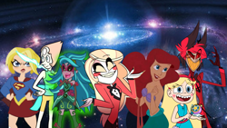 Size: 1228x692 | Tagged: safe, imported from derpibooru, gaea everfree, gloriosa daisy, equestria girls, legend of everfree, alastor, ariel, charlie morningstar, crossover, dc comics, dc superhero girls, galaxy, guardians of the galaxy, guardians of the galaxy vol 3, hazbin hotel, marvel, marvel cinematic universe, pearl (steven universe), space, star butterfly, star vs the forces of evil, steven universe, supergirl, the little mermaid