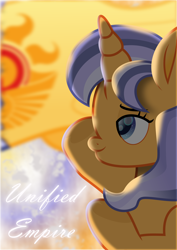Size: 2252x3187 | Tagged: safe, artist:lincolnbrewsterfan, derpibooru exclusive, imported from derpibooru, part of a set, oc, oc:imperii solem (empirica sol), pony, unicorn, derpibooru, april fools, april fools 2023, bust, cloud, cloudy, colored pupils, depth of field, derpibooru ponified, female, flag, flourish, harmony, highlights, hoof heart, horn, implied princess celestia, inkscape, juxtaposition, juxtaposition win, logo, looking forward, mare, meme, message, meta, mirror, moonlight, movie accurate, multicolored mane, ponified, positive ponies, representative, salute, shading, shadow, shine, shiny, side view, sky, smiling, solar empire, stars, sun, sunlight, text, underhoof, unicorn oc, united, unity, upside-down hoof heart, vector