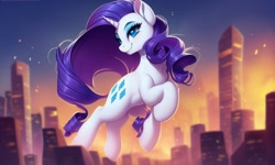 Size: 1280x768 | Tagged: safe, generator:ponydiffusion, imported from derpibooru, rarity, pony, unicorn, ai content, ai generated, blue eyes, city, cityscape, dynamic pose, generator:purplesmart.ai, generator:stable diffusion, looking at you, purple hair, smiling, solo