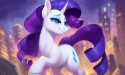 Size: 1280x768 | Tagged: safe, generator:ponydiffusion, imported from derpibooru, rarity, pony, unicorn, ai content, ai generated, blue eyes, city, cityscape, dynamic pose, generator:purplesmart.ai, generator:stable diffusion, looking right, purple hair, smiling, solo