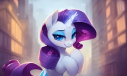 Size: 1280x768 | Tagged: safe, generator:ponydiffusion, imported from derpibooru, rarity, pony, unicorn, ai content, ai generated, blue eyes, blushing, city, cityscape, eyeshadow, generator:purplesmart.ai, generator:stable diffusion, glowing, glowing horn, horn, lidded eyes, looking at you, magic, magic aura, makeup, purple hair, smiling, smiling at you, solo, standing on two hooves