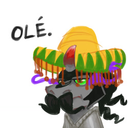 Size: 1280x1280 | Tagged: dead source, safe, artist:snickerdoobles, imported from derpibooru, king sombra, pony, unicorn, armor, curved horn, dialogue, facial hair, horn, king sombrero, male, mexican, moustache, pun, simple background, solo, sombra eyes, sombrero, spanish, spanish text, text, white background