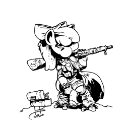 Size: 1280x1280 | Tagged: source needed, safe, artist:hotkoin, imported from derpibooru, apple bloom, cyborg, earth pony, pony, fanfic:night mares, augmented, bandage, black and white, bow, box, clothes, eating, female, food, grayscale, gun, hair bow, mechanical hands, monochrome, rifle, simple background, sniper rifle, solo, standing on two hooves, weapon, white background