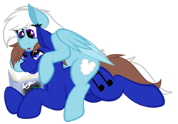 Size: 1652x1157 | Tagged: safe, artist:feather_bloom, imported from derpibooru, oc, oc only, oc:blue_skies, oc:feather_bloom, earth pony, pegasus, pony, book, couple, duo, simple background, sitting on person, sitting on pony, starry eyes, transparent background, wholesome, wingding eyes