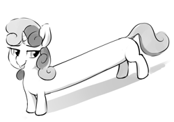 Size: 540x380 | Tagged: artist needed, source needed, safe, imported from derpibooru, sweetie belle, pony, unicorn, female, long pony, monochrome, simple background, solo, tongue out, white background