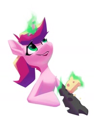 Size: 1242x1597 | Tagged: safe, artist:senaelik, imported from derpibooru, princess cadance, changeling, cheese, disguise, disguised changeling, fangs, food, green eyes, horn, mundane utility, simple background, smiling, solo, white background