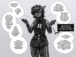Size: 1444x1080 | Tagged: safe, artist:replica, imported from derpibooru, oc, oc only, oc:replica, anthro, earth pony, armor, civil protection, dialogue, eyes closed, female, gray background, grayscale, half-life, half-life 2, monochrome, radio, rationalization, shrug, simple background, solo, speech bubble