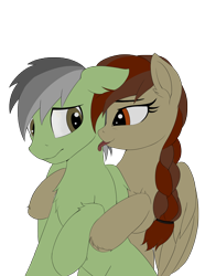 Size: 2000x2691 | Tagged: safe, artist:nihaicreeper, imported from derpibooru, oc, oc only, oc:pora hooft, oc:traveller will, pegasus, pony, belly button, braid, chest fluff, couple, duo, female, from behind, holding a pony, hoof fluff, licking, male, mare, oc x oc, pegasus oc, sexy, shipping, shy, simple background, stallion, tongue out, transparent background, yellow eyes
