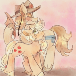 Size: 1000x1000 | Tagged: safe, artist:mimiporcellini, imported from derpibooru, applejack, earth pony, pony, crossover, crossover shipping, duo, female, hol horse, holjack, jojo's bizarre adventure, male, ponified, shipping, straight