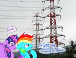Size: 1511x1151 | Tagged: safe, artist:petaltwinkle, imported from derpibooru, rainbow dash, twilight sparkle, alicorn, pegasus, pony, dialogue, duo, electrical tower, female, irl, mare, photo, ponies in real life, power line, rainbow dumb, speech bubble, twilight sparkle (alicorn)