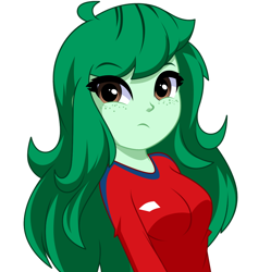 Size: 976x978 | Tagged: safe, artist:rosemile mulberry, imported from derpibooru, wallflower blush, human, equestria girls, clothes, female, freckles, shirt, simple background, solo, white background