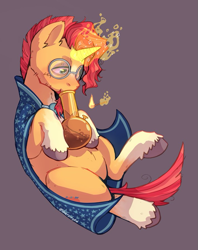 Size: 711x900 | Tagged: safe, artist:silverycryptid, imported from derpibooru, sunburst, pony, unicorn, 420, beard, bong, clothes, colored, digital art, drugs, facial hair, glasses, glowing, glowing horn, high, horn, magic, male, marijuana, red eyes, robe, shitposting, simple background, smoking, solo, stallion, stoned