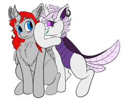 Size: 2471x2016 | Tagged: safe, artist:copycat, artist:silent-e, imported from derpibooru, oc, oc only, oc:avery, oc:elytra, alicorn, changedling, changeling, pony, blushing, chest fluff, duo, ear fluff, onomatopoeia, pomf, simple background, transparent background, whispering