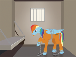 Size: 2919x2199 | Tagged: safe, artist:ssaginar, imported from derpibooru, rainbow dash, pegasus, pony, b-f16, bound wings, chained, chains, clothes, commissioner:rainbowdash69, jail, jail cell, never doubt rainbowdash69's involvement, prison, prison outfit, prisoner, prisoner rd, shackles, solo, wings