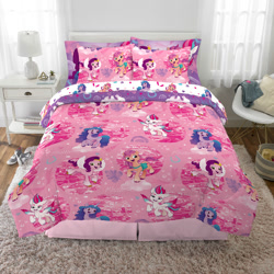 Size: 2000x2000 | Tagged: safe, imported from derpibooru, izzy moonbow, pipp petals, sunny starscout, zipp storm, earth pony, pegasus, pony, unicorn, bed, bedding, chair, clothes, curtains, female, g5, group, irl, lamp, map of equestria, mare, merchandise, nightstand, notebook, pattern, photo, pillow, quartet, rug, shoes, window