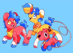 Size: 4096x2984 | Tagged: safe, artist:cocopudu, imported from derpibooru, oc, oc only, oc:rocket puff, oc:tippy paws, earth pony, pony, unicorn, balancing, beach ball, blue background, brothers, cloven hooves, coat markings, colt, duo, foal, freckles, looking up, male, neckerchief, open mouth, open smile, siblings, simple background, smiling, socks (coat markings), unshorn fetlocks