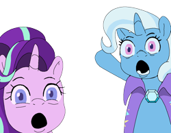 Size: 1213x939 | Tagged: safe, artist:talimingi, imported from derpibooru, starlight glimmer, trixie, pony, unicorn, :o, duo, female, looking at you, mare, meme, open mouth, pointing, ponified meme, simple background, transparent background, wojak