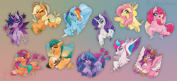 Size: 5581x2569 | Tagged: safe, artist:alzmariowolfe, imported from derpibooru, applejack, fluttershy, hitch trailblazer, izzy moonbow, pinkie pie, pipp petals, rainbow dash, rarity, sunny starscout, twilight sparkle, zipp storm, alicorn, earth pony, pegasus, pony, unicorn, female, g4, g5, gradient background, male, mane five (g5), mane six, mare, royal sisters (g5), siblings, sisters, stallion, tongue out, twilight sparkle (alicorn), unshorn fetlocks