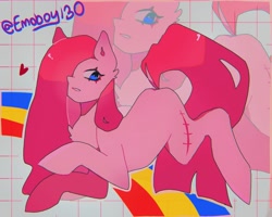 Size: 1771x1414 | Tagged: safe, artist:emoboy130, imported from derpibooru, pinkie pie, earth pony, pony, chest fluff, lying down, pinkamena diane pie, scar, solo, text, zoom layer