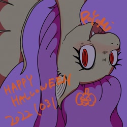 Size: 2048x2048 | Tagged: safe, artist:usapipoyoyo, imported from derpibooru, fluttershy, bat pony, pony, bat ponified, fangs, flutterbat, halloween, holiday, open mouth, race swap, red eyes, smiling, solo, text, upside down
