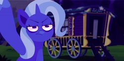 Size: 2048x1018 | Tagged: safe, artist:c4n4ry0nl1n3, imported from derpibooru, part of a set, trixie, pony, unicorn, angry, frown, solo, trixie's wagon, wagon