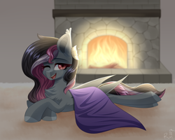 Size: 2500x2000 | Tagged: safe, artist:rinteen, imported from derpibooru, oc, oc only, bat pony, pony, blanket, chest fluff, fire, fireplace, lying down, one eye closed, prone, solo