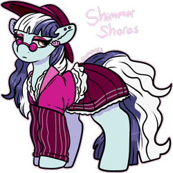 Size: 1466x1463 | Tagged: safe, artist:sexygoatgod, imported from derpibooru, oc, oc only, oc:shimmer shores, earth pony, pony, adoptable, clothes, ear piercing, eyeshadow, female, glasses, hat, jacket, lidded eyes, makeup, piercing, simple background, skirt, solo, transparent background