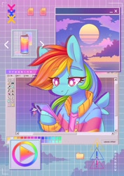 Size: 2480x3508 | Tagged: safe, artist:wavecipher, imported from derpibooru, rainbow dash, pegasus, semi-anthro, aesthetics, cellphone, clothes, jacket, lidded eyes, phone, smartphone, smiling, solo, synthwave, vaporwave, webcore