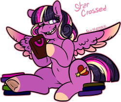 Size: 1599x1342 | Tagged: safe, artist:sexygoatgod, imported from derpibooru, oc, oc only, oc:star crossed, pegasus, pony, adoptable, book, braces, female, frog (hoof), one eye closed, simple background, solo, transparent background, underhoof, wink