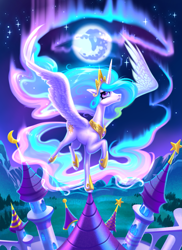 Size: 1455x2000 | Tagged: safe, artist:blueblizzzard, imported from derpibooru, princess celestia, alicorn, pony, aurora borealis, beautiful, canterlot castle, castle, crown, digital art, female, flying, full moon, hoof shoes, jewelry, mare, mare in the moon, moon, night, peytral, regalia, sky, solo, spread wings, wings