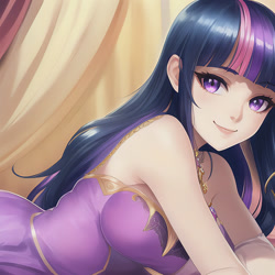 Size: 600x600 | Tagged: safe, imported from derpibooru, twilight sparkle, human, ai content, ai generated, bare shoulders, beautiful, bed, clothes, cute, dress, female, generator:stable diffusion, humanized, lips, long hair, looking at you, lying down, offscreen character, on bed, pov, prompter:sammykun, purple eyes, sleeveless, solo, twiabetes