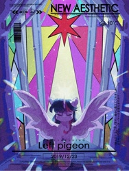 Size: 2160x1620 | Tagged: safe, artist:lendftcn, imported from derpibooru, twilight sparkle, alicorn, pony, eyes closed, female, film grain, mare, solo, spread wings, stained glass, stained glass window, text, twilight sparkle (alicorn), wings