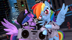Size: 3840x2160 | Tagged: safe, artist:owlpirate, imported from derpibooru, twilight sparkle, alicorn, pegasus, pony, 3d, 4k, backwards ballcap, baseball cap, bipedal, bipedal leaning, boombox, cap, city, clothes, duo, feather fingers, female, glasses, grin, hat, high res, jacket, leaning, looking at you, mare, mouth hold, peace sign, smiling, smiling at you, source filmmaker, spread wings, sunglasses, twilight sparkle (alicorn), wing gesture, wing hands, wings