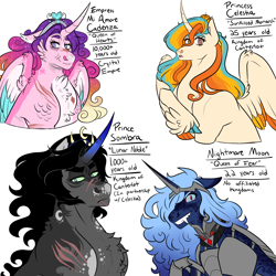 Size: 3000x3000 | Tagged: safe, artist:gingygin, imported from derpibooru, king sombra, nightmare moon, princess cadance, princess celestia, alicorn, pony, unicorn, alicorn amulet, alternate universe, cheek fluff, chest fluff, cloven hooves, colored wings, colored wingtips, elderly, fangs, feathered fetlocks, female, heart, heart eyes, male, mare, scar, simple background, stallion, white background, wingding eyes, wings