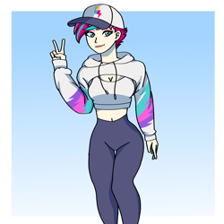 Size: 2000x2000 | Tagged: safe, artist:artevi, imported from derpibooru, zipp storm, human, alternate hairstyle, baseball cap, cap, clothes, cute, g5, gradient background, hat, high res, hoodie, humanized, leggings, looking at you, peace sign, smiling, smiling at you, solo