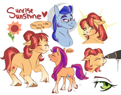 Size: 1280x1011 | Tagged: safe, artist:primrosepaper, imported from derpibooru, sunny starscout, oc, oc:sunrise sunshine, earth pony, pony, argyle starshine, female, filly, filly sunny starscout, flower, g5, glasses, male, mare, mother and child, mother and daughter, ponytail, simple background, stallion, sunflower, telescope, unshorn fetlocks, white background, younger